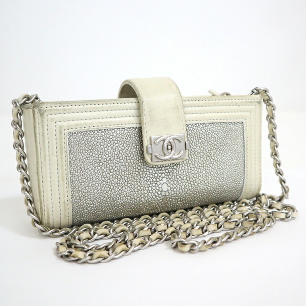 CHANEL Pochette Chain Shoulder Bag Boy Chanel Galusha White